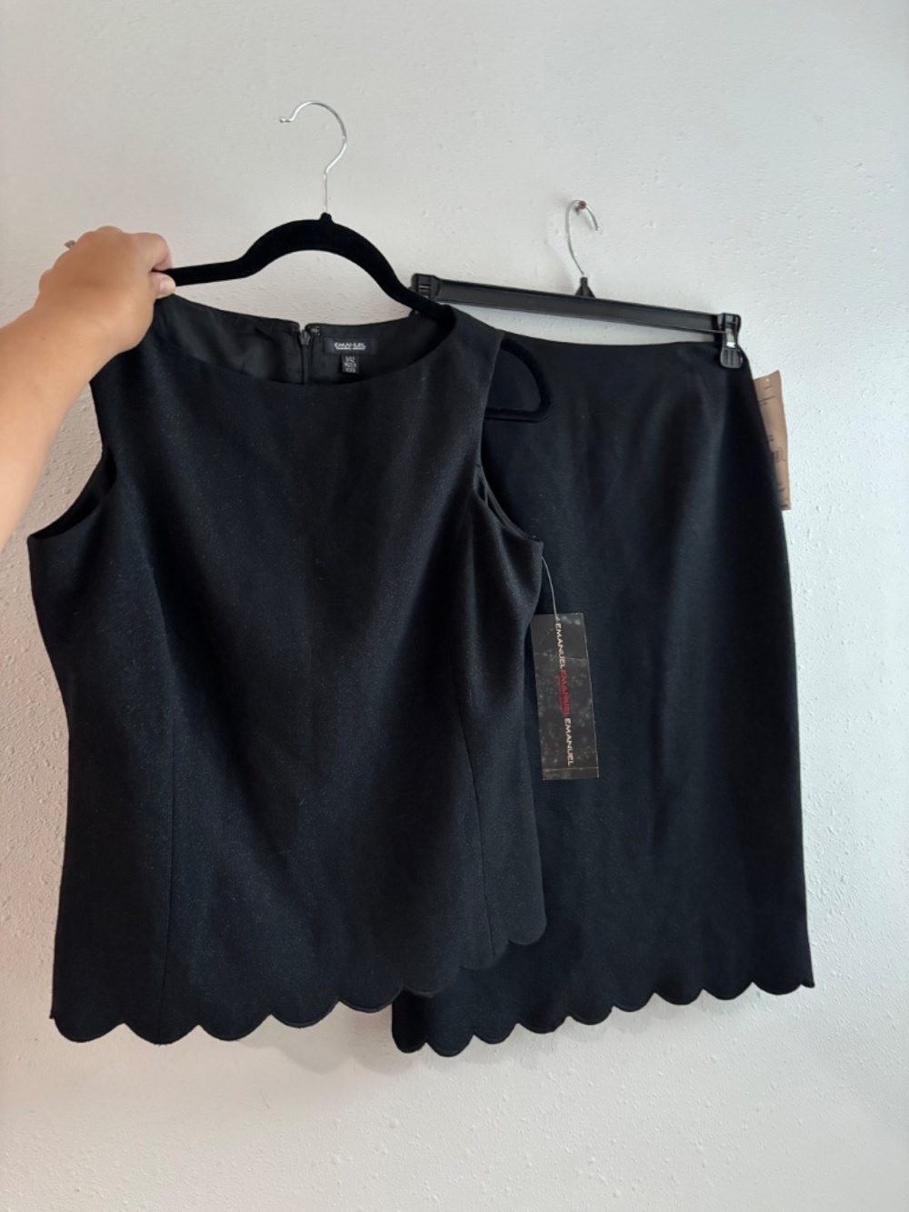 NWT Emanuel Ungaro Vintage 90s Sparkly Black Scalloped Hem Top + Skirt Set